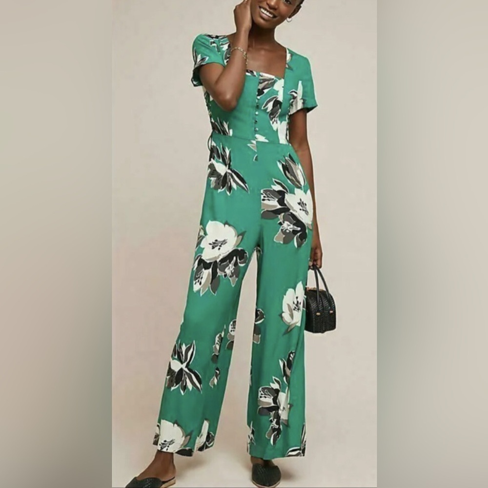 Anthropologie Maeve Teal Floral 100% Viscose Jumpsuit